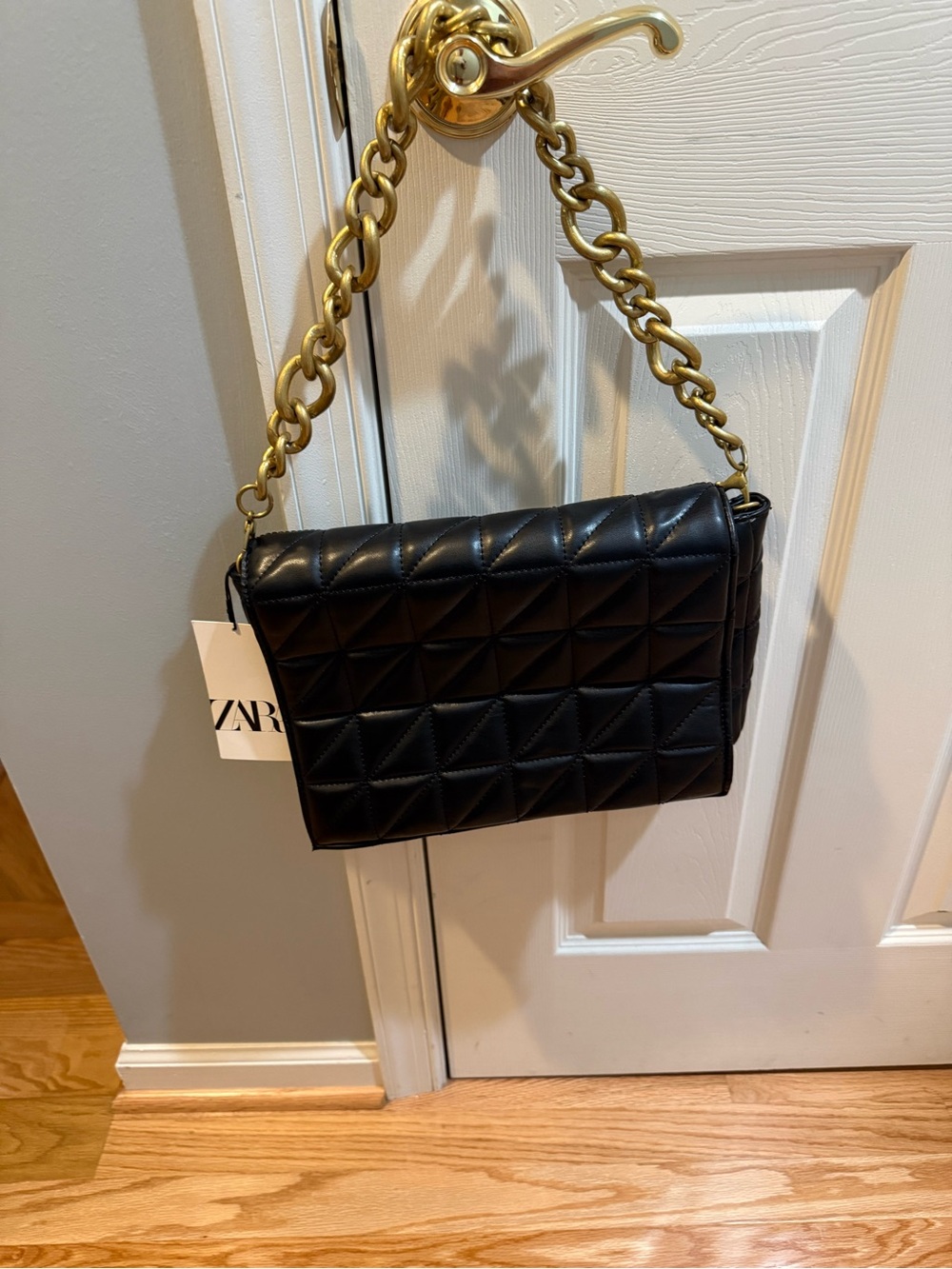 Zara Black Quilted Shoulder Bag with Gold Chain Handle